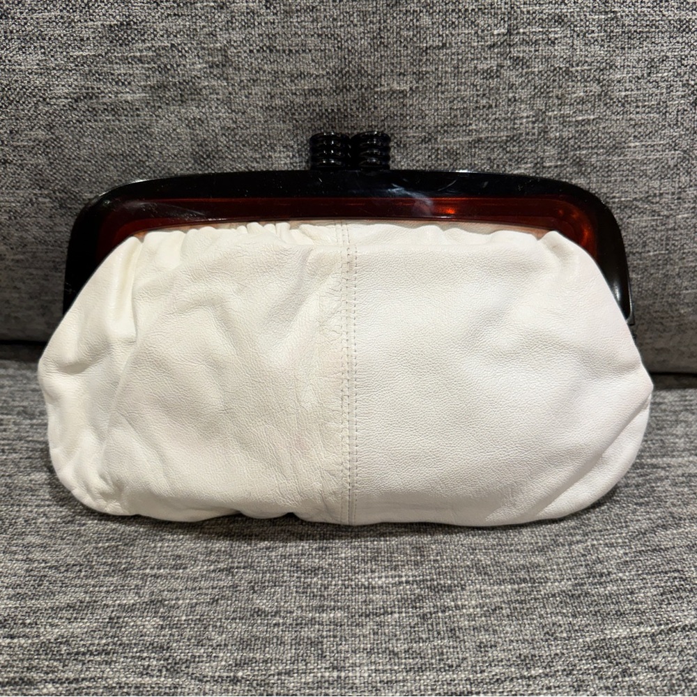 Vintage Eaton Ivory Clutch Purse Leather Bakelite Kiss Closure Made in Italy